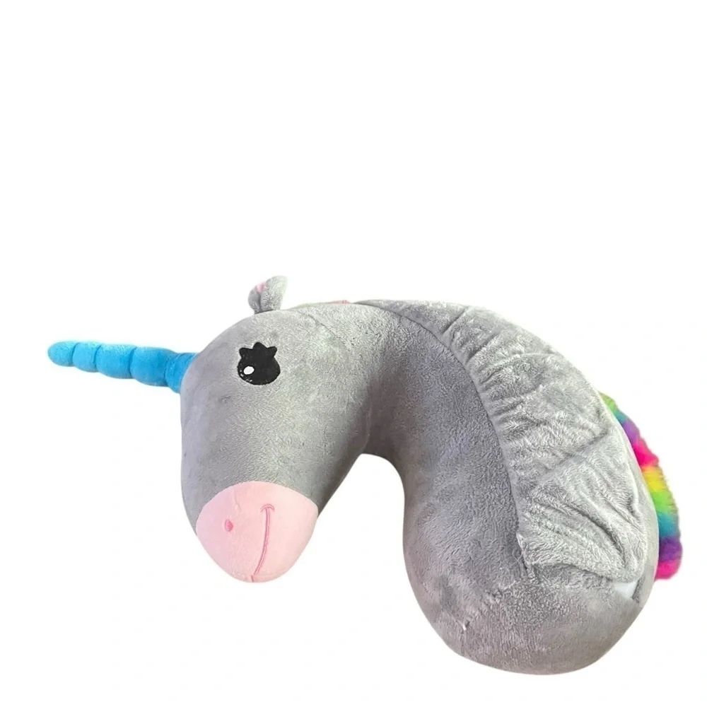 🦄 Kids Unicorn Travel Neck Pillow – Gray Plush w/ Rainbow Mane